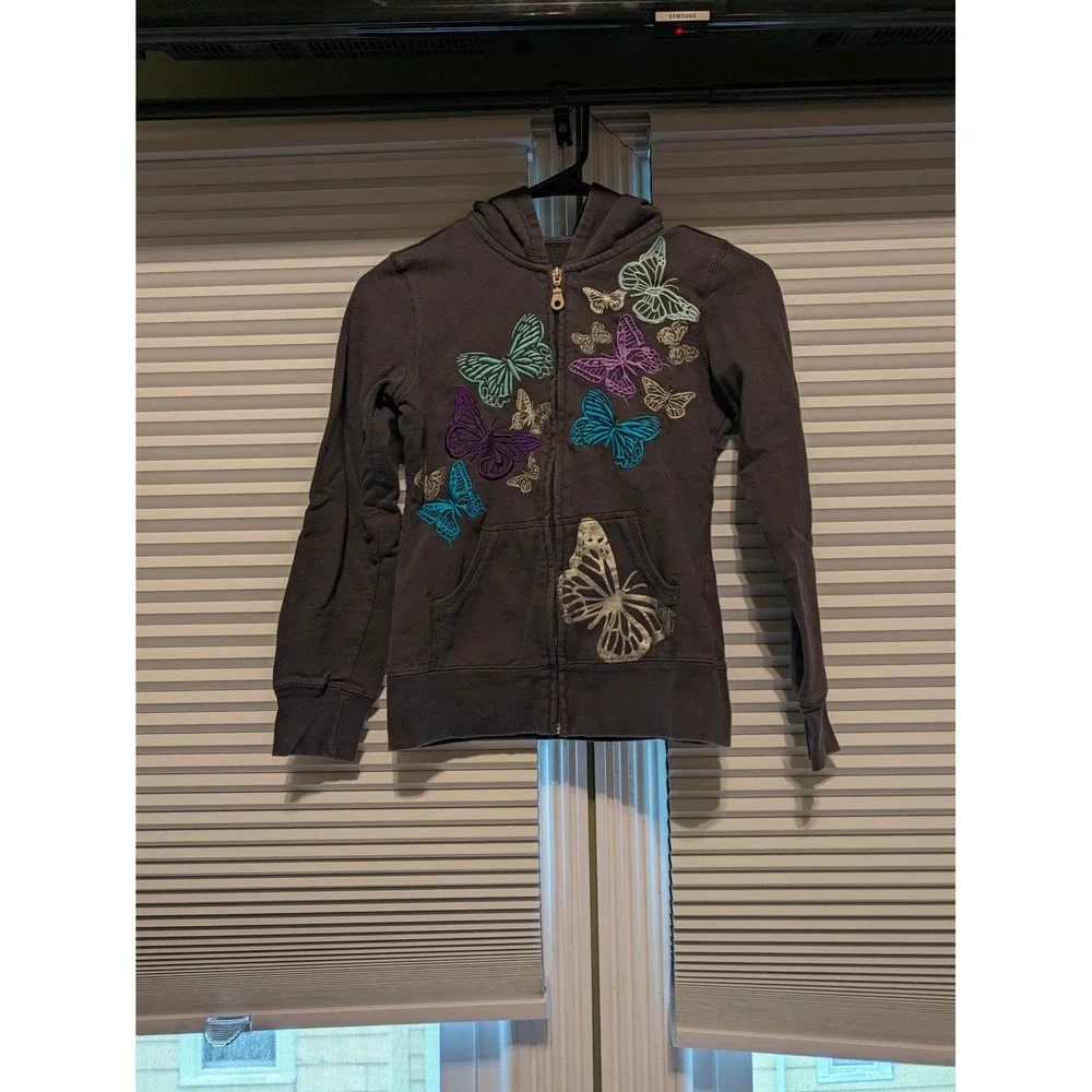 Green Soda Girls Butterfly Zip Up Hoodie Charcoal Gray Embroidered Size L 10-12